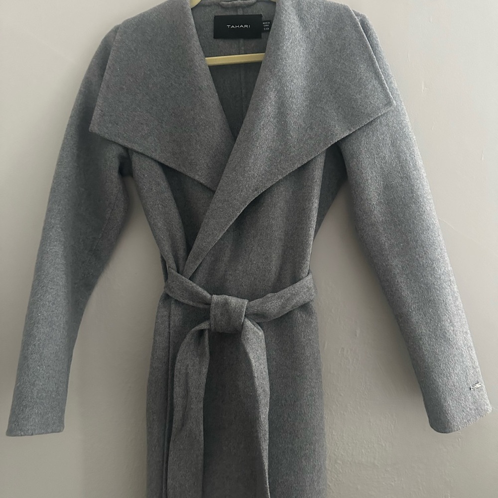 Tahari Gray Wrap Belted Trench Coat